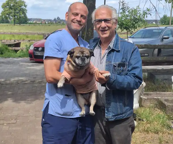 Hund und Herrchen glücklich nach Notoperation